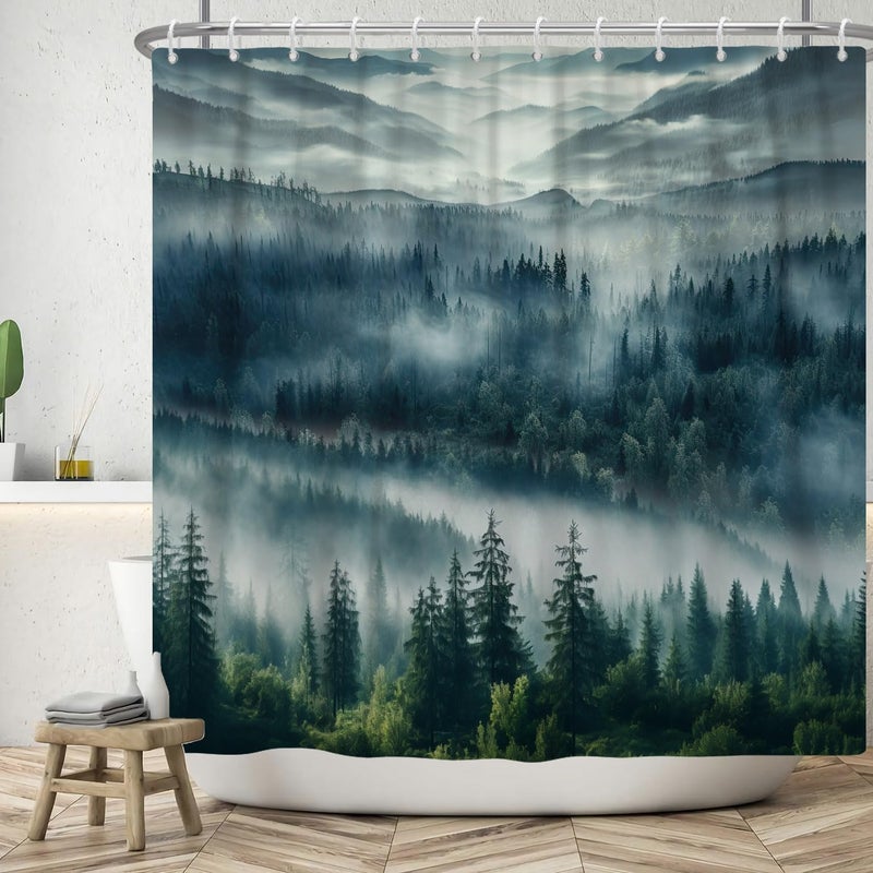 Zasłona prysznicowa Forest 180x180 cm, naturalny krajobraz, niebiesko-zielona mgła, las, dżungla, szczyt górski, chmura, zmywalna tkanina z 12 haczyka