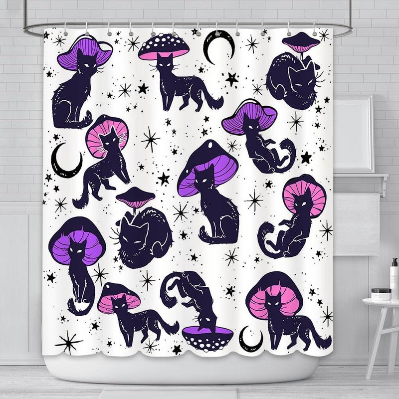 Zabawna zasłona prysznicowa z czarnym motywem kota-grzyba do domu i łazienki, zmywalna, dekoracyjna, z haczykami, 180 cm