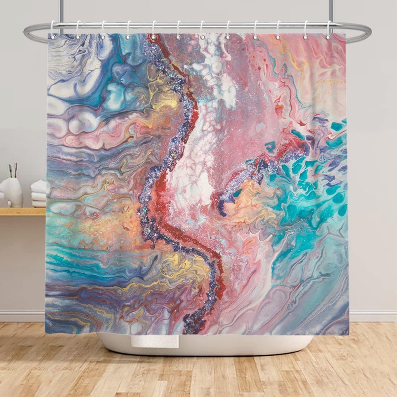 Marmurowa zasłona prysznicowa 180x180 cm, wzór niebiesko-różowej wody morskiej, wodoodporna zasłona do wanny, dekoracyjna zasłona do wanny, artystyczn