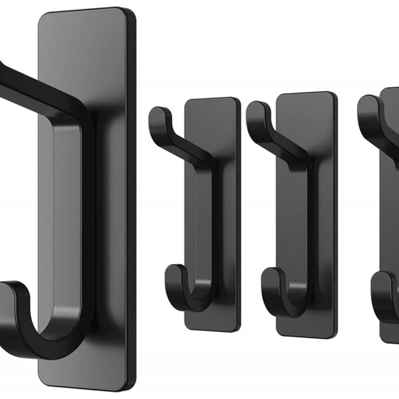 Zestaw 4 czarnych samoprzylepnych haczyków ściennych – uchwyt na ręczniki łazienkowe – wieszak na ręczniki kuchenne – wieszak na ubrania