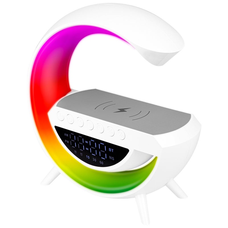 Lampka biurkowa LED RGB 23,5 cm głośnik Bluetooth ładowarka Qi budzik zegar stylowa biała MasterLED