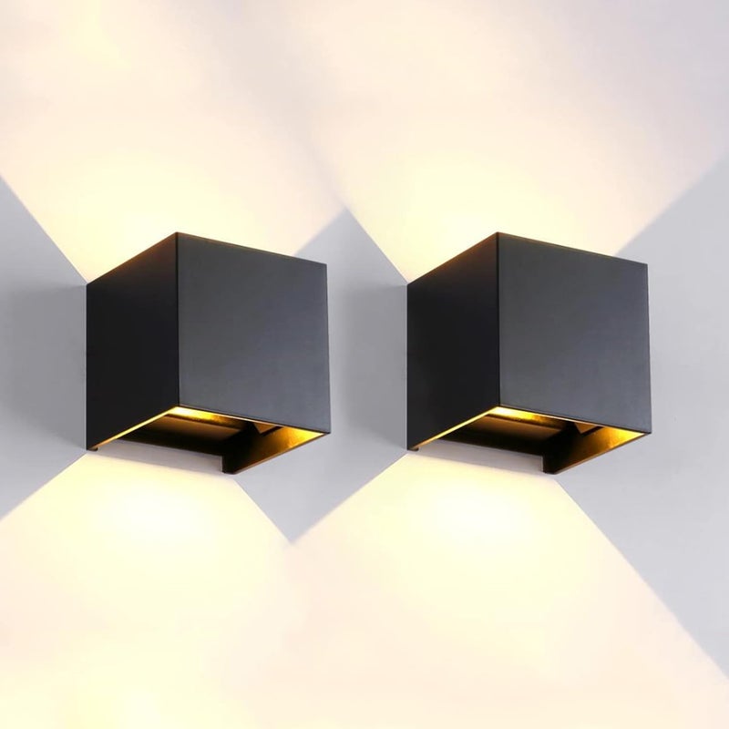 Zestaw 2 zewnętrznych lamp ściennych LED, kwadratowa lampa ścienna z aluminium, wodoodporna IP65, nowoczesna, czarna, 12 W, ciepłe światło 3000 K