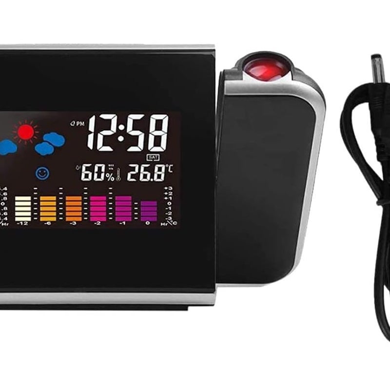 Cyfrowy budzik sufitowy z projektorem LED, czarny, z wyświetlaczem LCD, stacją czasu, temperaturą i datą, ładowaniem przez USB, 12 i 24 godz. do sypi