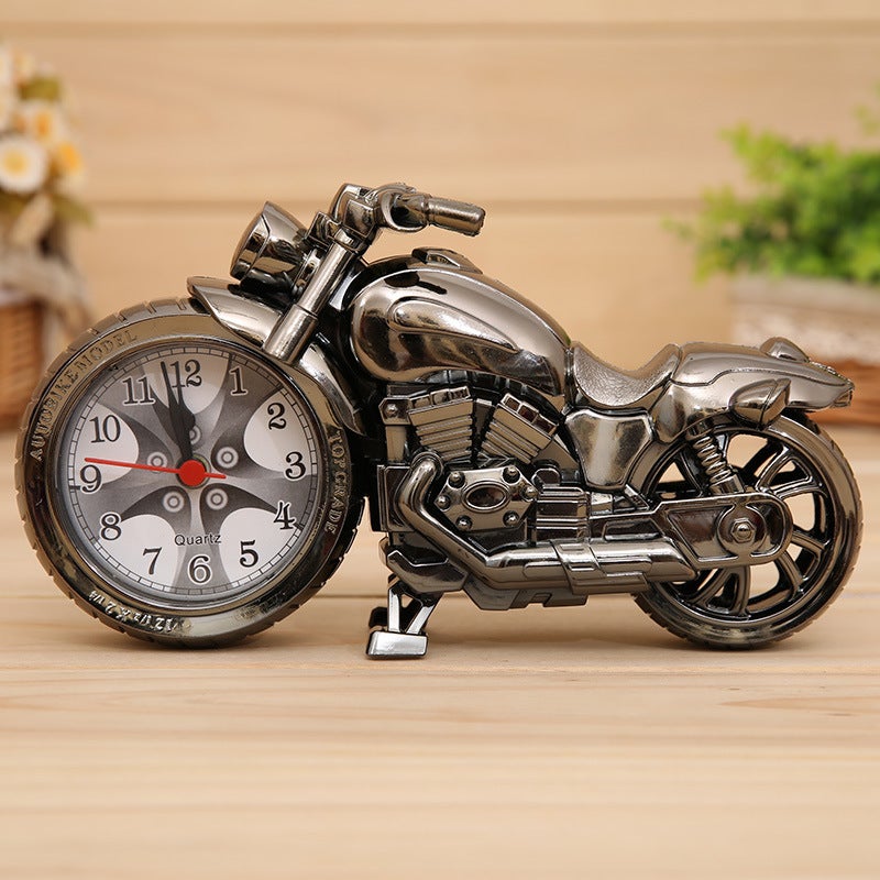 Srebrny budzik w kształcie motocykla, 230 x 130 x 60 mm, kreatywna dekoracja do domu w stylu retro.