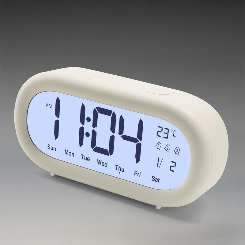 Duży ekran, cyfrowy budzik LCD zasilany bateryjnie, budzik z lampką nocną, drzemką, temperaturą, datą, 3 alarmami, format 12/24-godzinny, biały