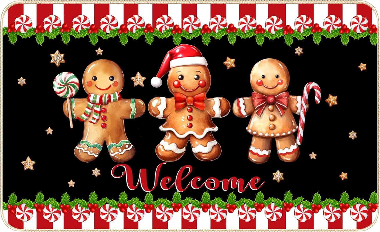 Dekoracyjna wycieraczka świąteczna z piernikowym ludzikiem, antypoślizgowa, do użytku wewnątrz i na zewnątrz, 40 x 60 cm