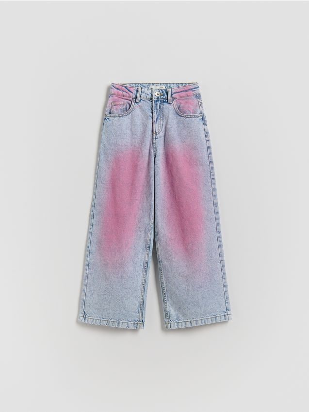 Reserved - Jeansy wide leg z opraniem - niebieski