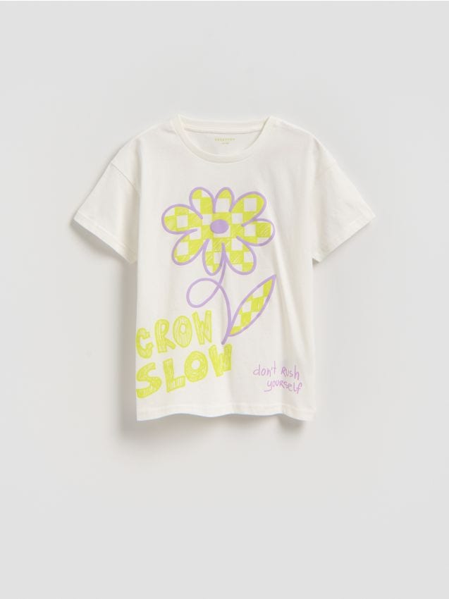 Reserved - Bawełniany t-shirt z nadrukiem - złamana biel