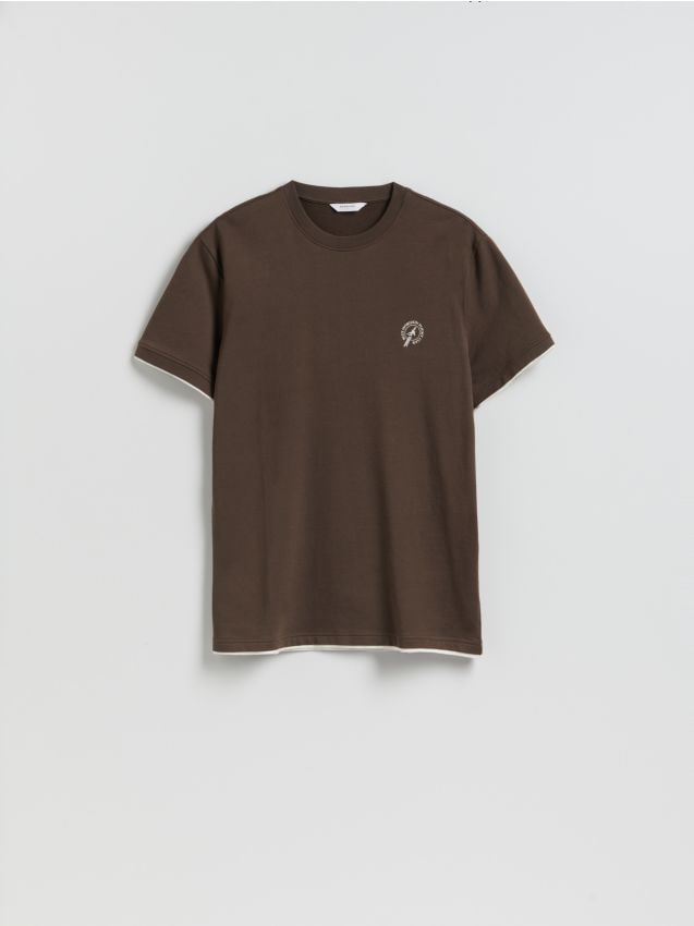 Reserved - T-shirt regular z haftem - ciemnobrązowy