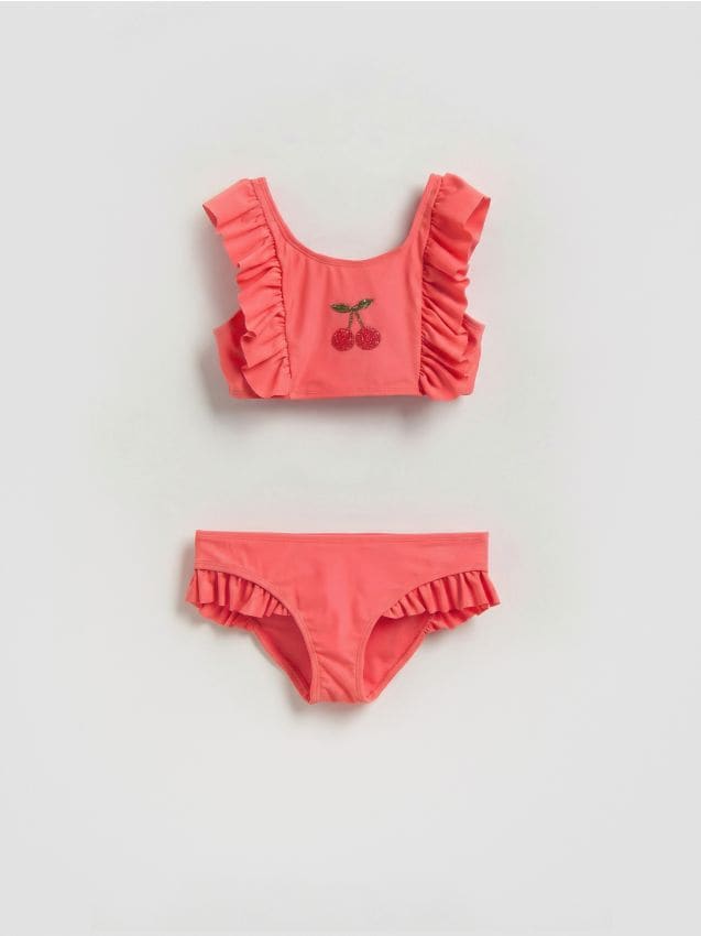 Reserved - Dwuczęściowy kostium kąpielowy z falbanką - intenstywna czerwień
