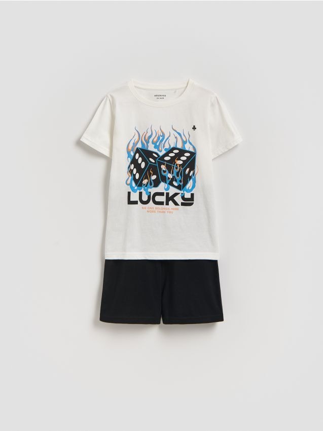 Reserved - Bawełniana piżama z nadrukiem - złamana biel