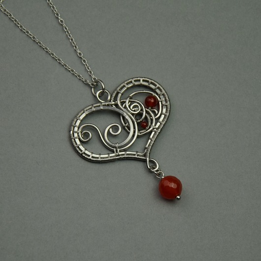 Wisiorek serce czerwony karneol wire wrapping