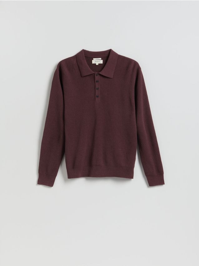 Reserved - Sweter polo z lnem - bordowy