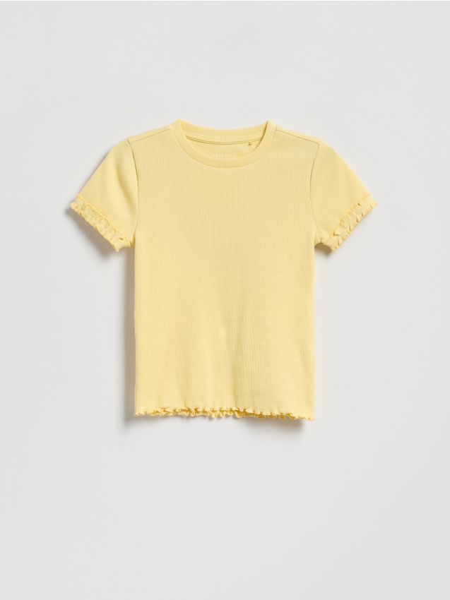 Reserved - Bawełniany t-shirt z falbankami - jasnożółty