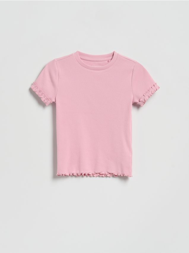 Reserved - Bawełniany t-shirt z falbankami - różowy