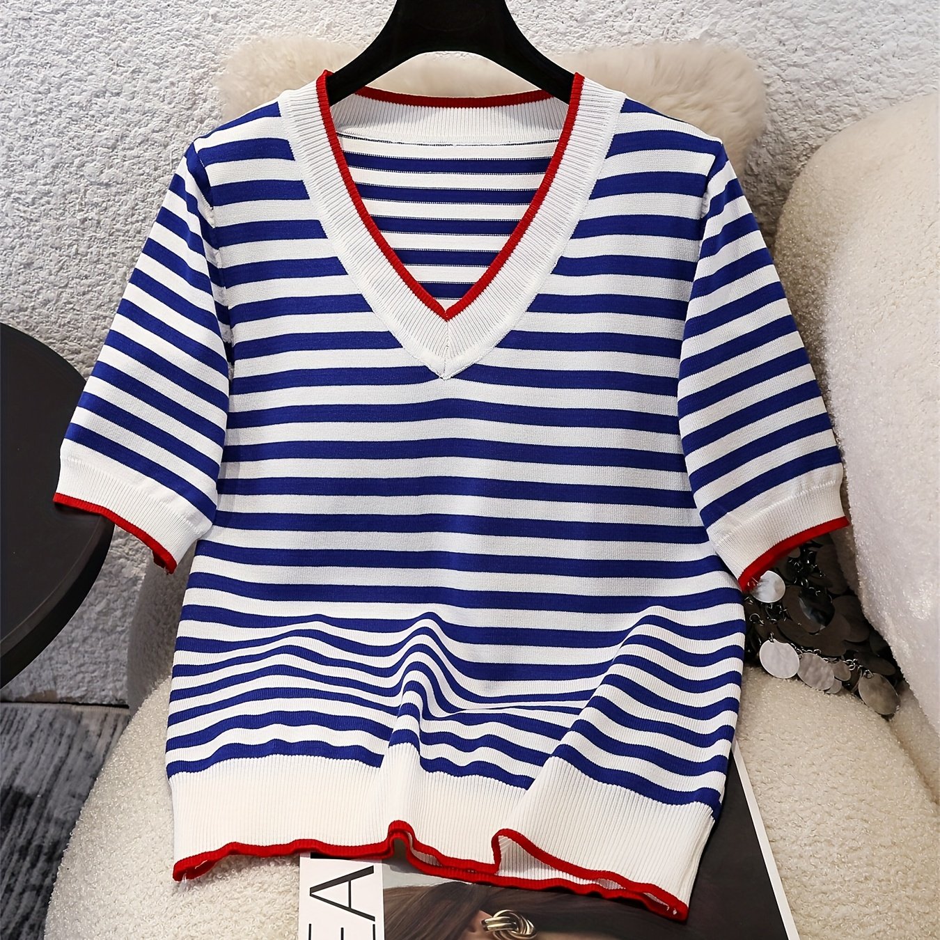 TEMU Damska Koszulka z Dekoltem w Serek i Krótkim Rękawem - Kolorowa Bluzka w Paski, Casualowa Bluzka z Krótkim Rękawem i Średnią Elastycznością -