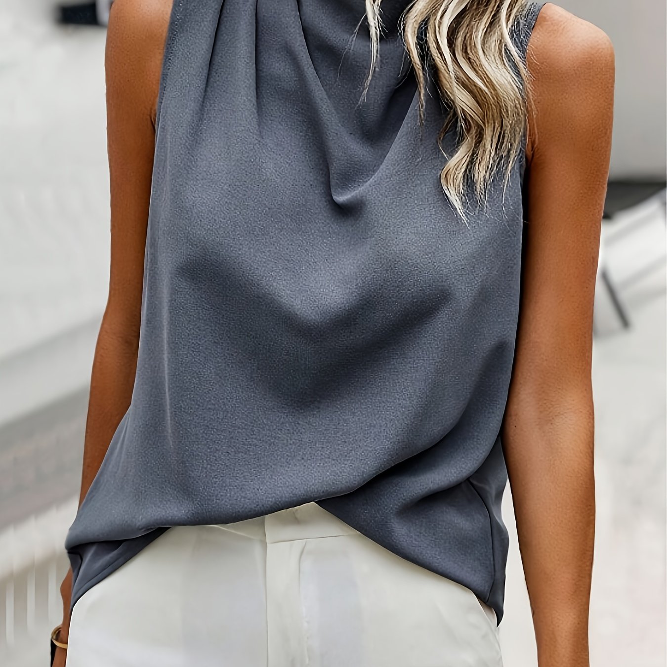 TEMU Bluzka bez rękawów z stójką dla kobiet - Elegancka poliestrowa koszula na wiosnę/, Możliwość prania w pralce, Lekki i gładki materiał, Dorywcza