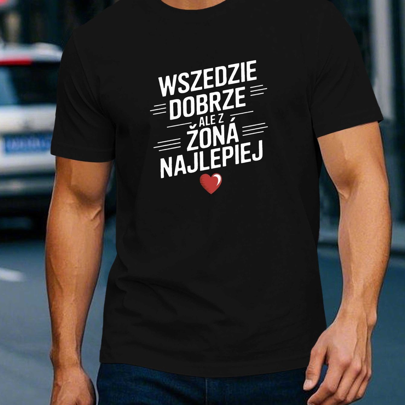 TEMU [Romantyczny Uśmiech] Męska Casualowa Letnia Koszulka z Polskim cytatem o miłości do żony - Krótki Rękaw, Okrągły Dekolt, Lekki Poliestr, Design