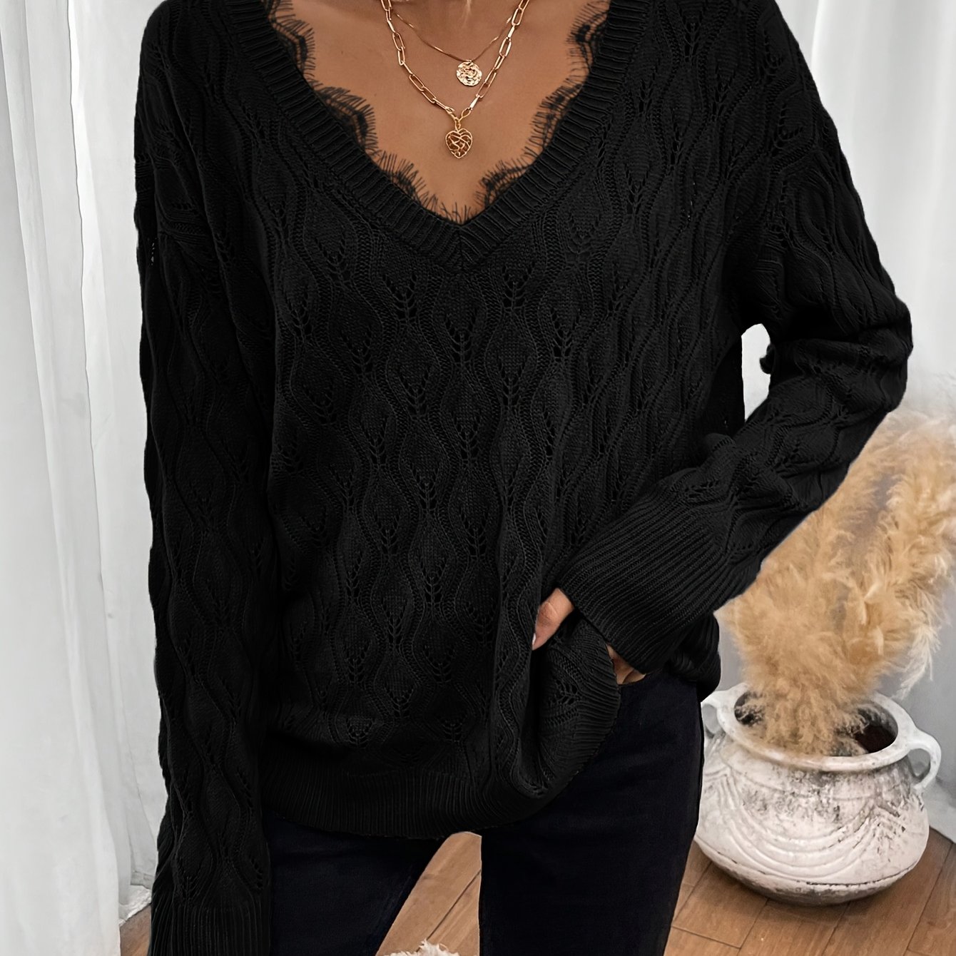 TEMU Wy0607186[Więcej niż 500 000 w koszyczku] wiosenno-letnia bluzka z koronkowym wstawką, dekoltem w serek, wysoka elastyczność, Chiński Nowy Rok