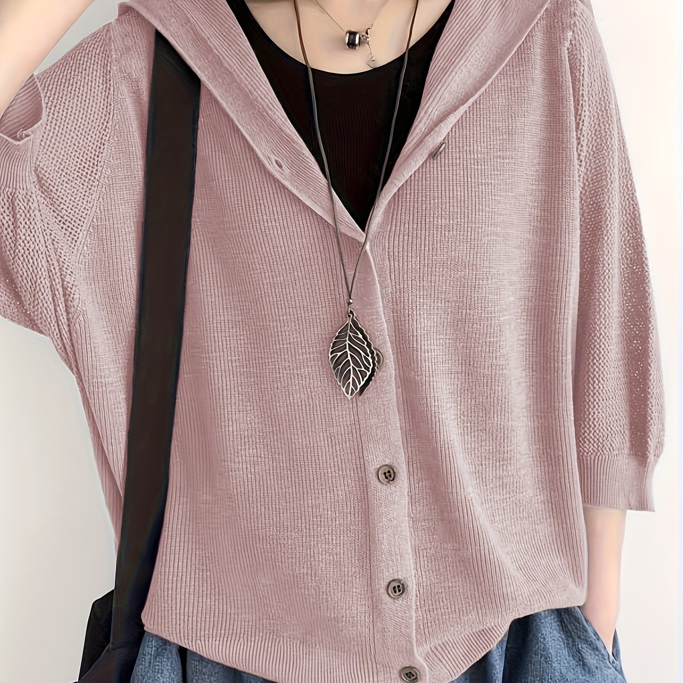 TEMU Nowy damski kardigan z delikatnej dzianiny, jednolity , luźny krój, z kapturem, lekki, z ażurowymi rękawami 3/4.