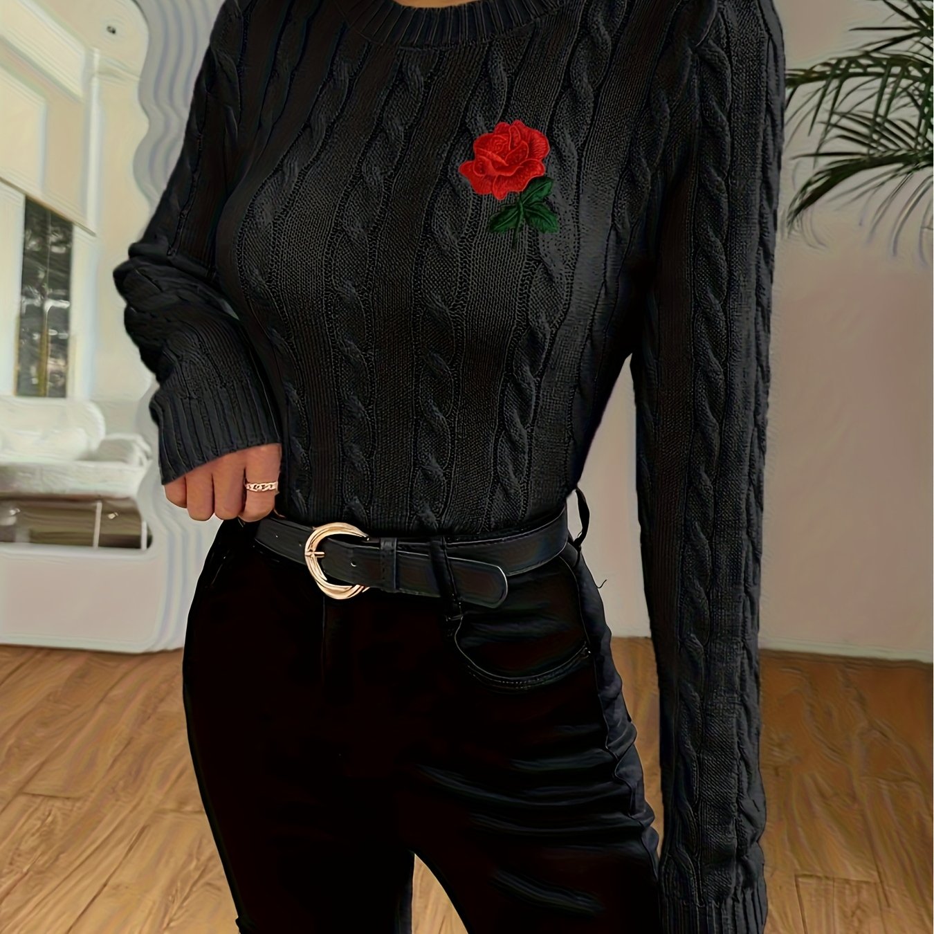 TEMU Damski sweter w stylu vintage z haftem róży Casualowy sweter z długim rękawem i okrągłym dekoltem, wysoce elastyczny materiał, dopasowany krój