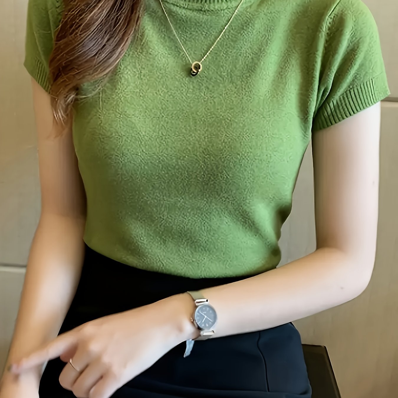 TEMU Damski wszechstronny krótki top z krótkim rękawem i półwysokim kołnierzem na wiosnę/, dopasowany