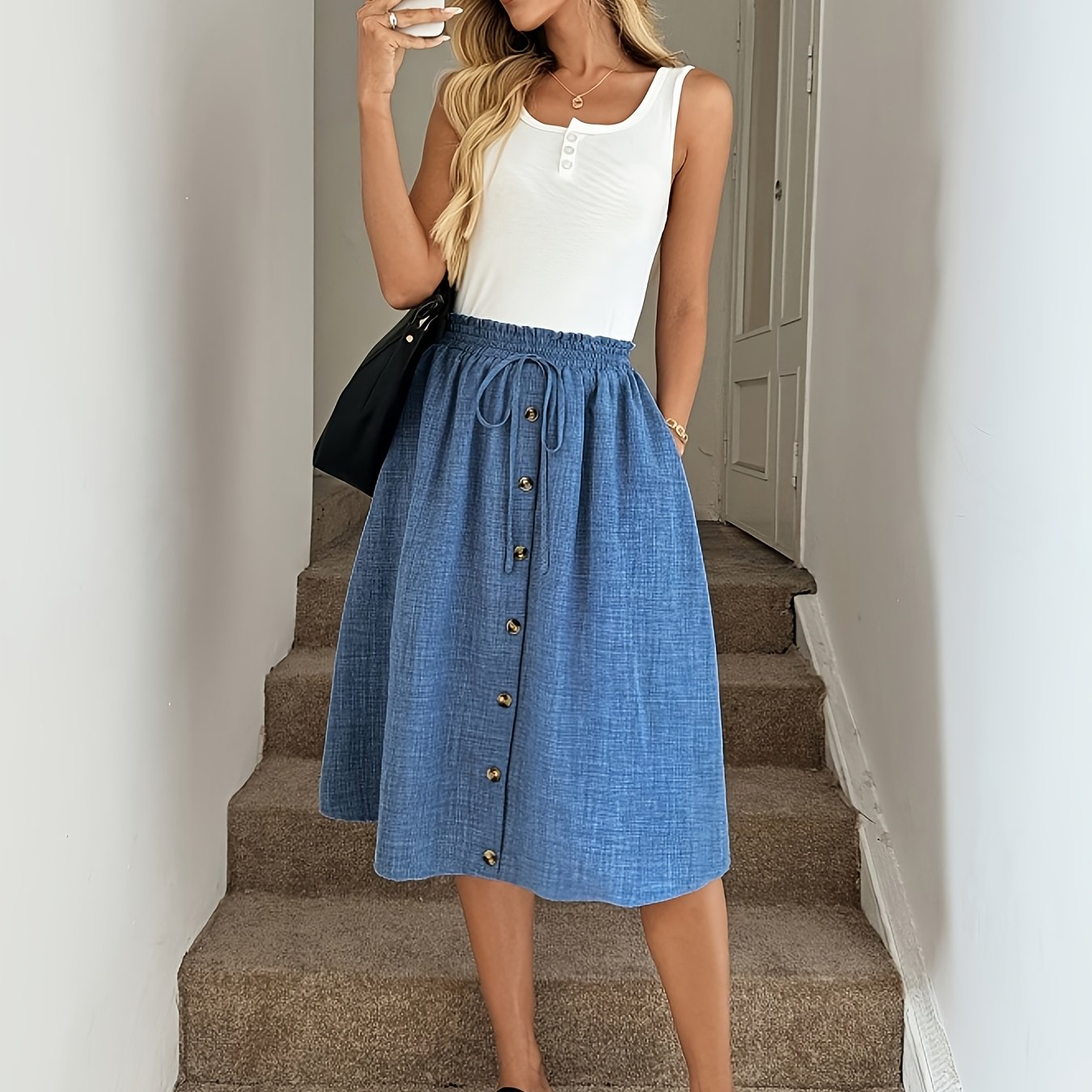 TEMU Elegancka damska spódnica o kroju litery A - Zapinana na guziki, rozkloszowany dół, lekka, nierozciągliwa tkanina do noszenia na co dzień i na