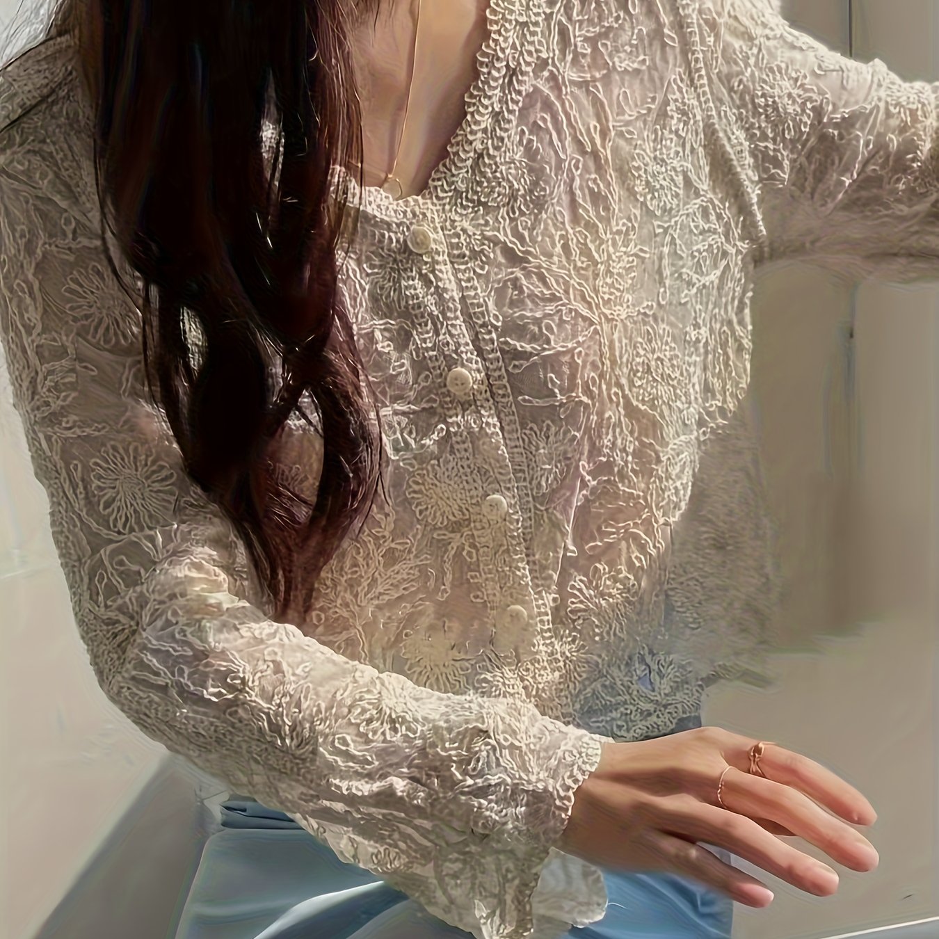 TEMU Kardigan z Koronkowym Dekoltem w Serek – Damski, Casualowy, Wszechstronny Top z Wycięciami