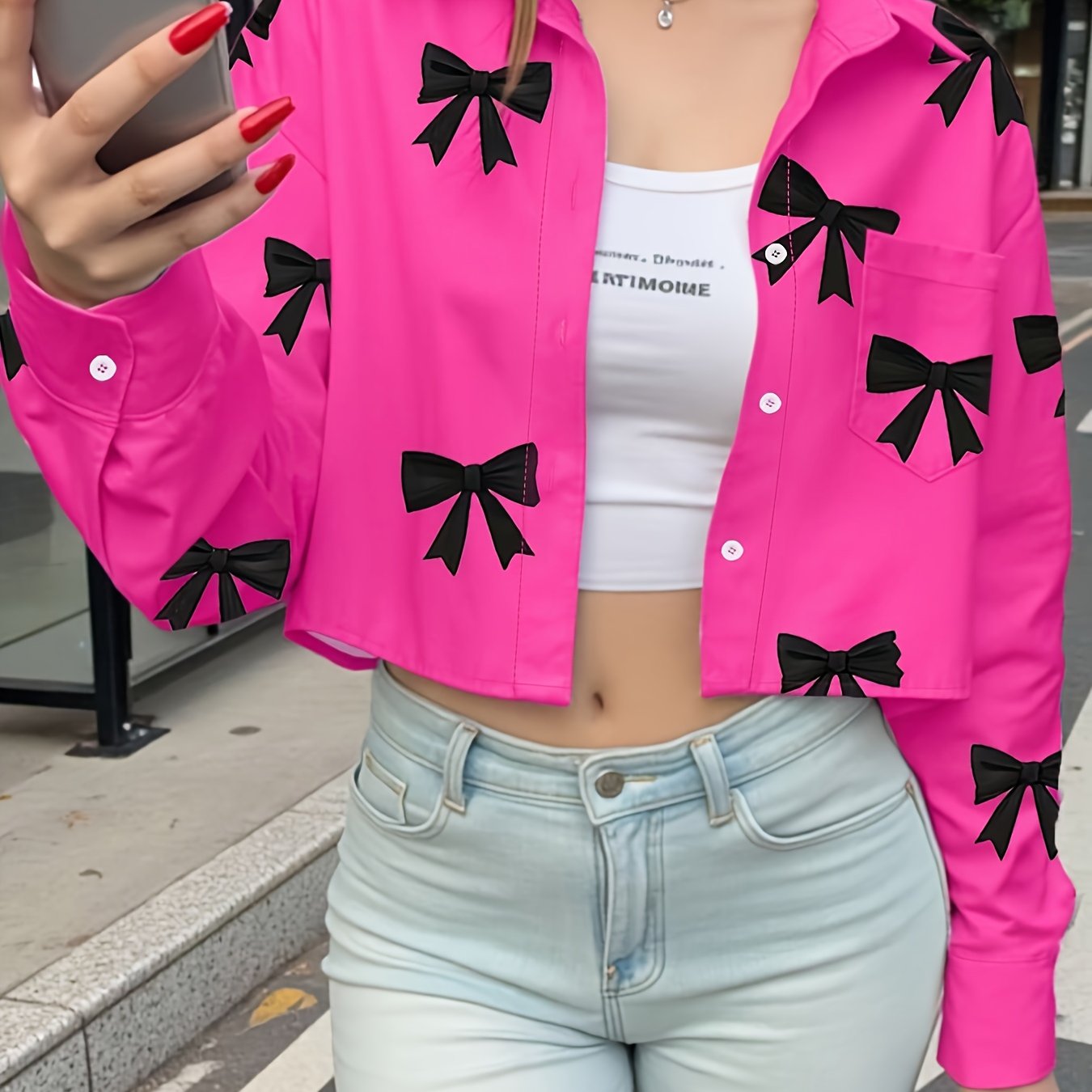 TEMU Koszula Damska Elegancka z Krótkim Rękawem - Kolorowy Róż z Czarną Kokardką, Lekka Koszulka Letnia na Codzień i Na Wyjścia, Wiosna//Jesień,