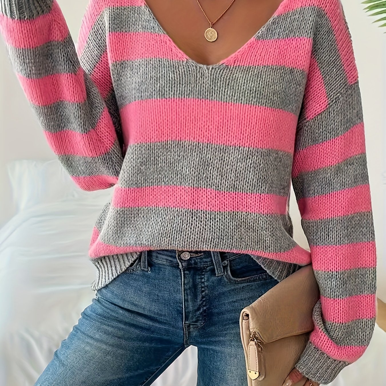 TEMU Nowy letni i zimowy sweter damski, stylowy i elegancki, uniwersalny sweter w paski z dekoltem w serek i długim rękawem, gruby sweter w prążki,