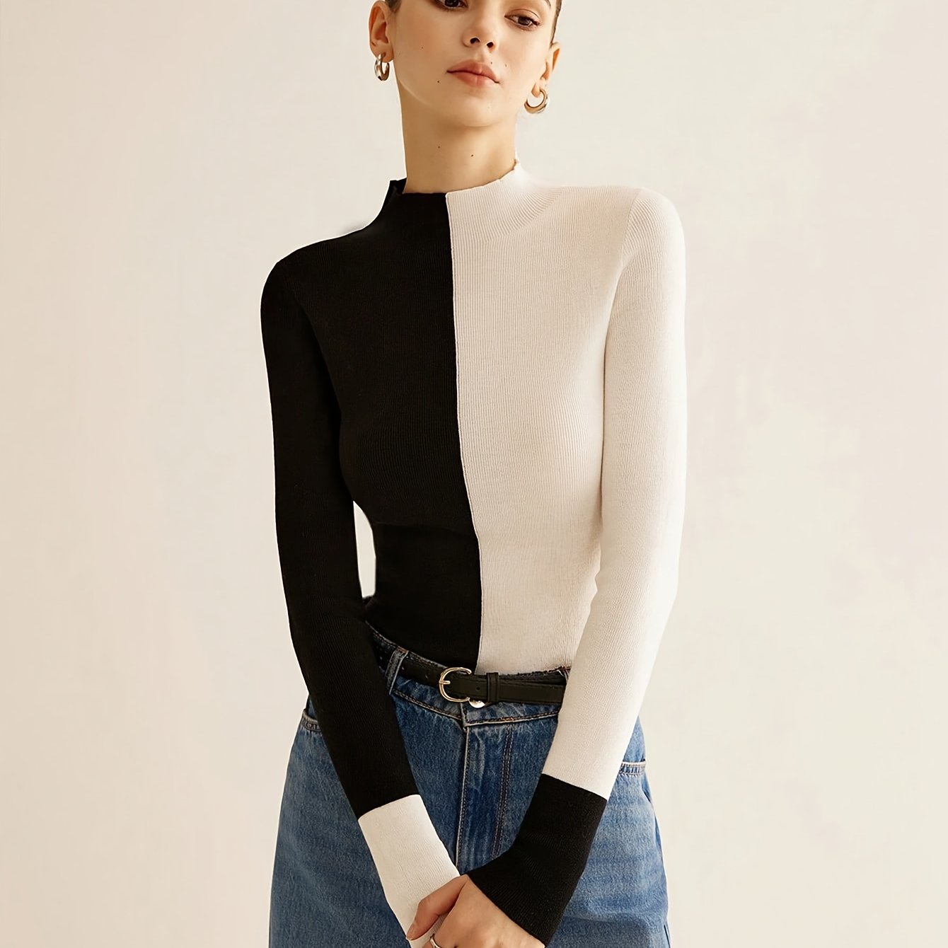 TEMU Elegancki damski bluzka z długim rękawem, okrągłym dekoltem, w blokach kolorystycznych, asymetryczna, dopasowana i łatwa w noszeniu, uniwersalny