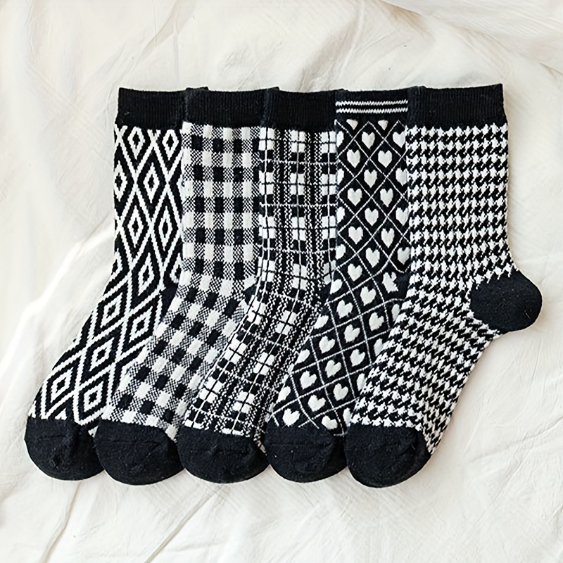 TEMU 5-Par Skarpet Damskich do Połowy Łydki, Retro Etniczne Czarno-Białe Paski Geometryczne Wzory Modne Eleganckie Wysokiej Jakości Skarpety, Wiosna