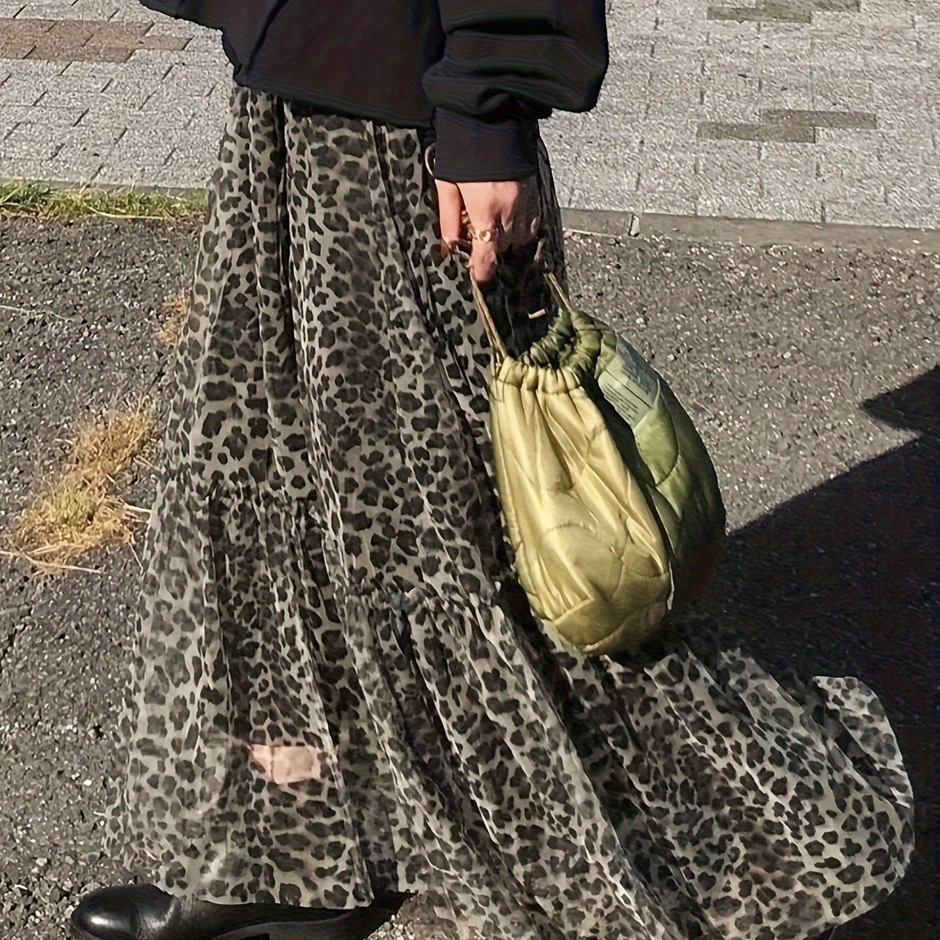 TEMU Elegancka Damska Sukienka Maksymalna z Elastyczną Talią, Przezroczystą Spódnicą w Lamparcie Wzory z Falbanką, Wszechstronna, z z Siatki i