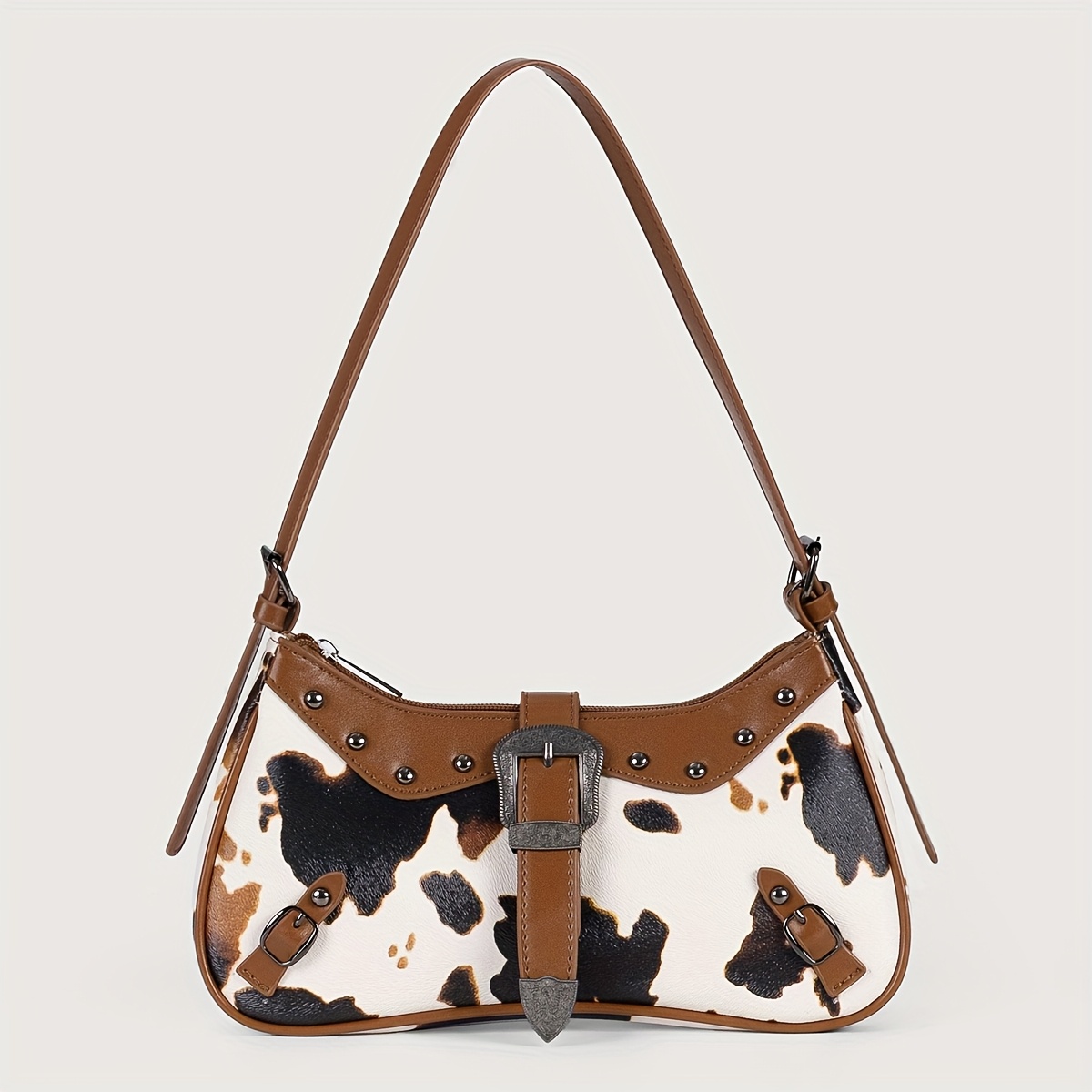 TEMU Damska Torba Hobo z Wzorem Krowy z PVC, Regulowanym Paskiem Ozdobami z Nitami – Torebka na Ramię w Stylu Y2K, Idealna na Codzienne Użytkowanie i