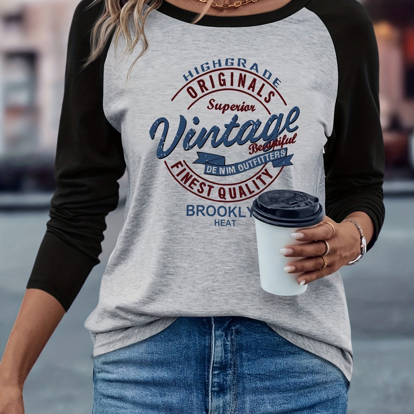 TEMU Brooklyn Damska Koszulka z Długim Rękawem Raglan z Kołnierzykiem Załoga, Wzór Vintage, Europejski i Amerykański Styl, Codzienna, Wszechstronna,