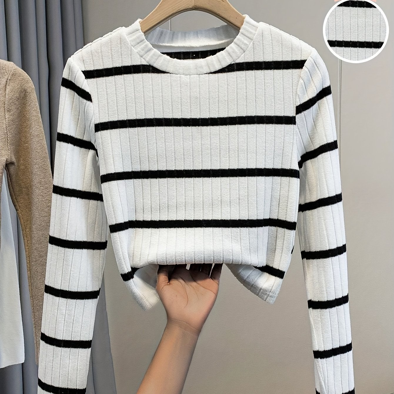 TEMU Elegancki Sweter Damski w Paski - Miękki Sweter z Półokrągłym Dekoltem i Pionowymi Paskami, Pranie w Praniu Maszynowym, Idealny na Jesień/Zimę,