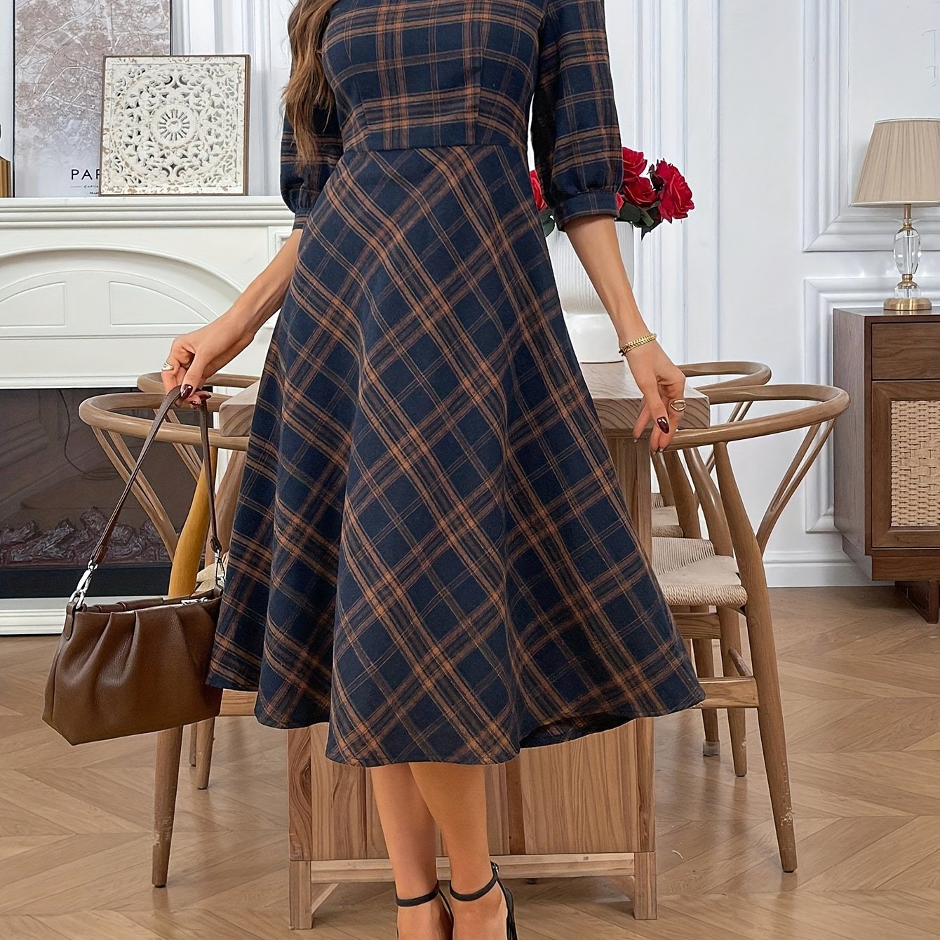 TEMU Elegancka, minimalistyczna sukienka damska w kratę z krótkim rękawem i średnią długością, stylowa sukienka damska zapinana na zamek, elegancka