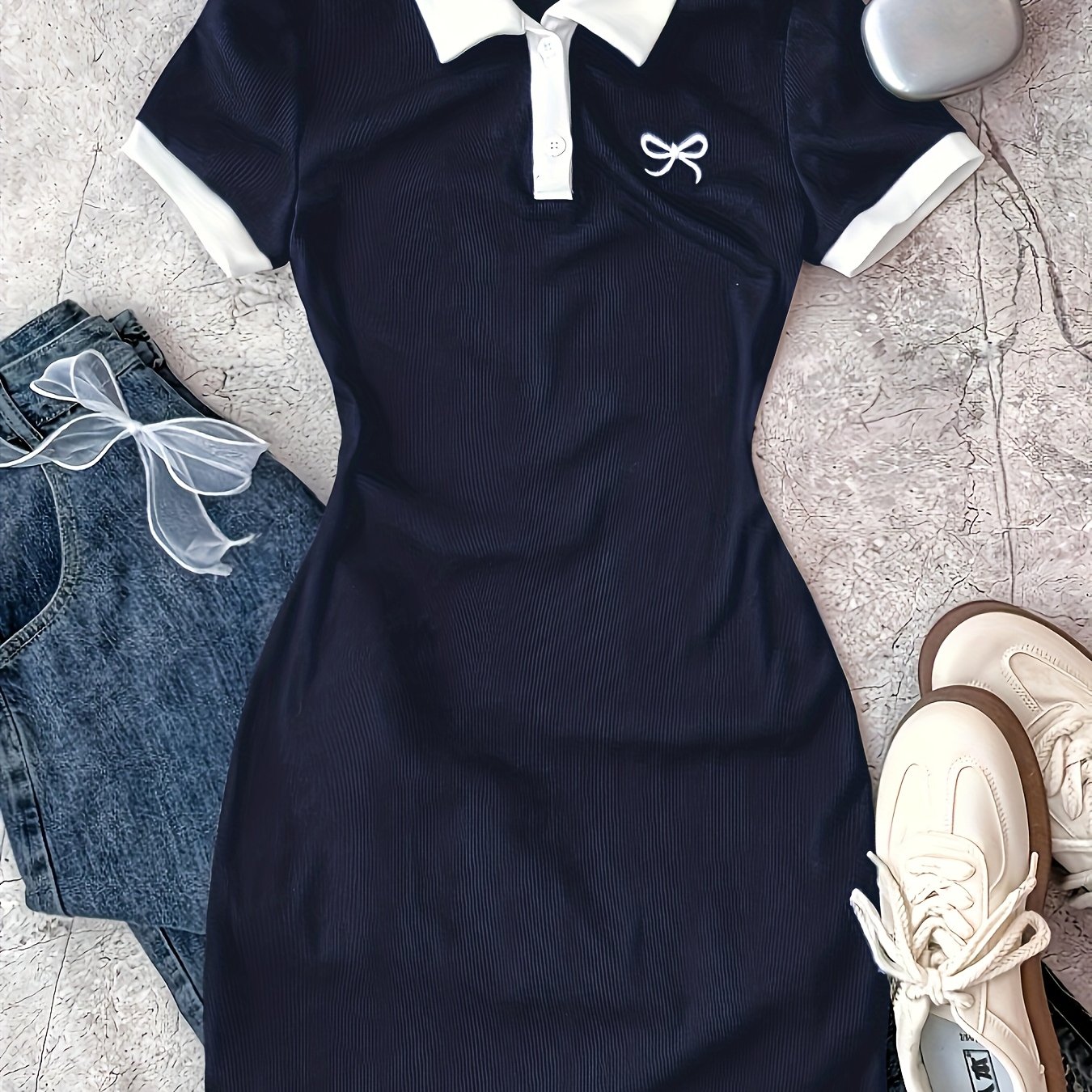 TEMU Sukienka damska z haftowaną kokardą i kolorowymi blokami