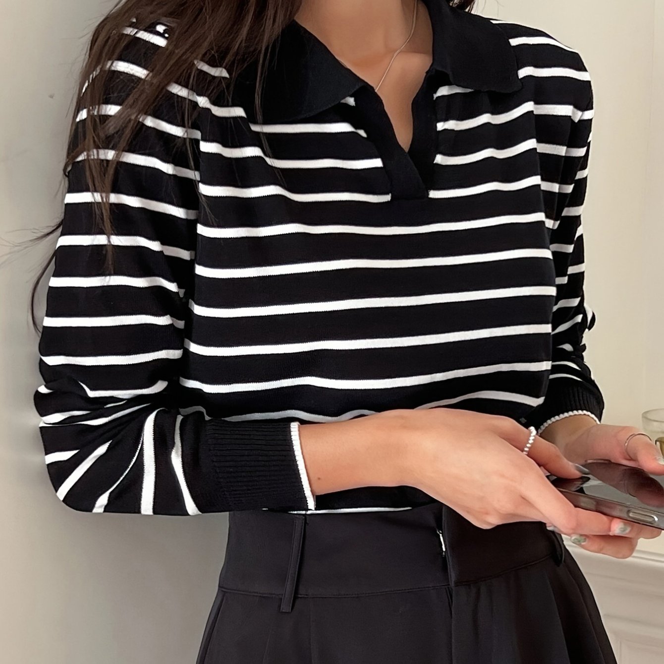 TEMU Damski Czarno-Biały Pasiasty Długi Rękaw V-Neck Koszula, Intelektualny i Elegancki Sweter