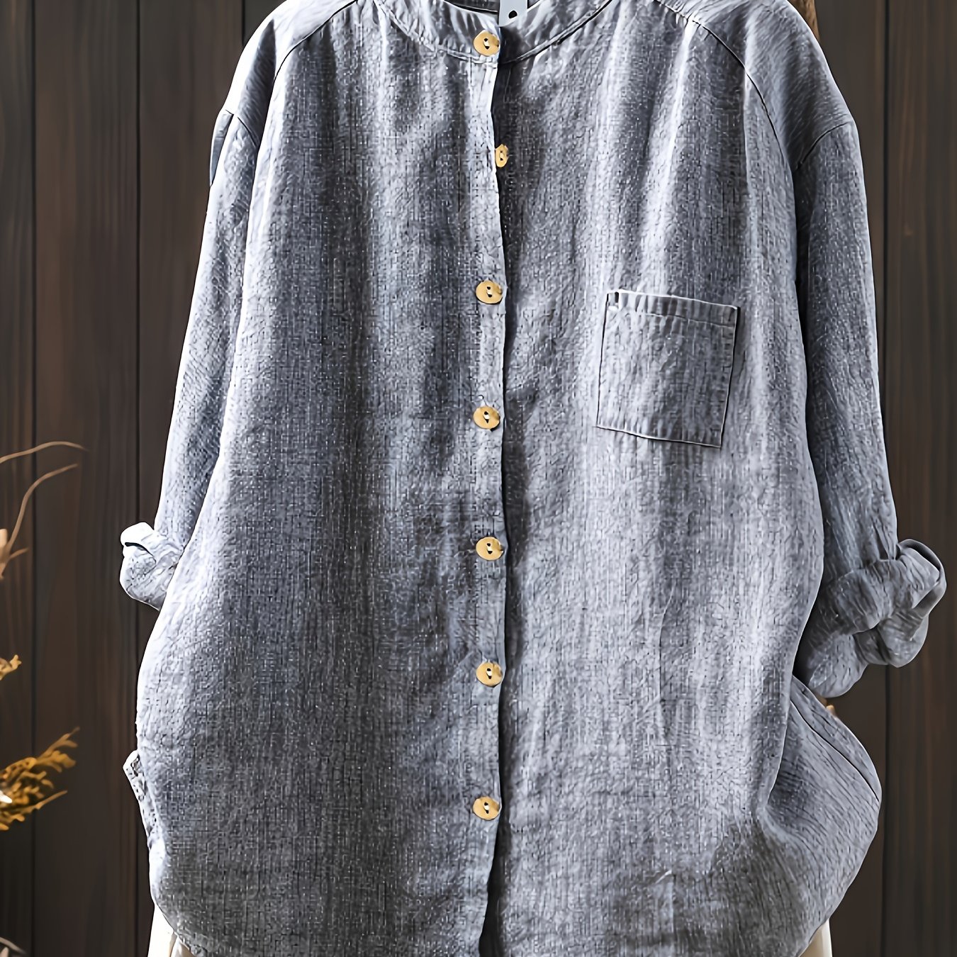TEMU Nowość Wiosna/Jesień: Koszula z Kołnierzem Stojącym o Fakturze Lnianej w Stylu Vintage, Luźny Kardigan z Jednorzędowym Zapięciem na Guziki i