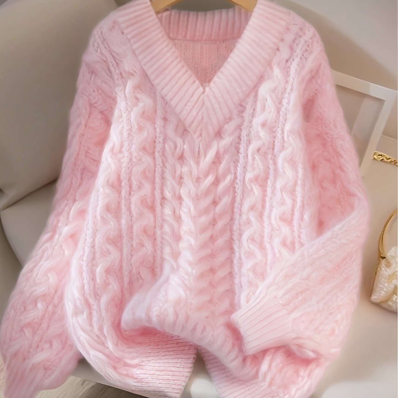 TEMU Damski sweter w luźnym stylu z dekoltem w serek i grubymi łąkami Miękki i luźny krój, słodki róż, idealny na jesień/zimę