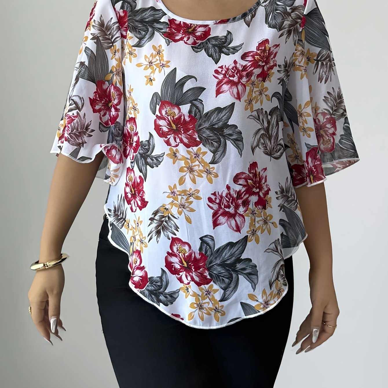 TEMU Elegancka Damska Bluzka z Szyfonu, Okrągły Dekolt, Rozkloszowane Rękawy, Krótki Rękaw, Półprzezroczysta, Precyzyjnie Uszyta, Uniwersalna