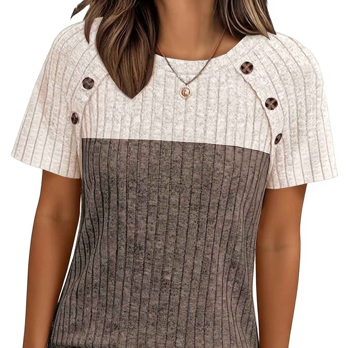 TEMU Elegancka, luźna koszulka damska Wygodny okrągły dekolt z detalami na guziki, swobodny design z blokami kolorów, krótki rękaw, wciągany