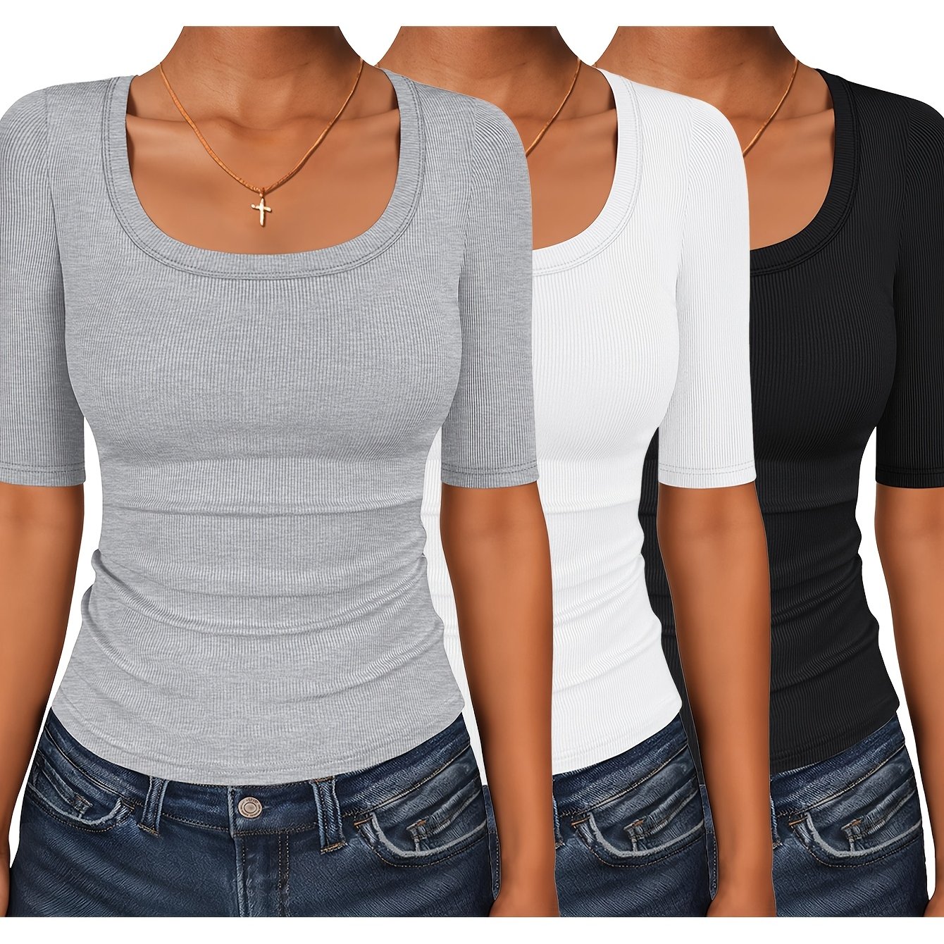 TEMU Zestaw 3 damskich koszulek z krótkim rękawem i okrągłym dekoltem Casualowy, wygodny pulower, jednolity , na każdą porę roku