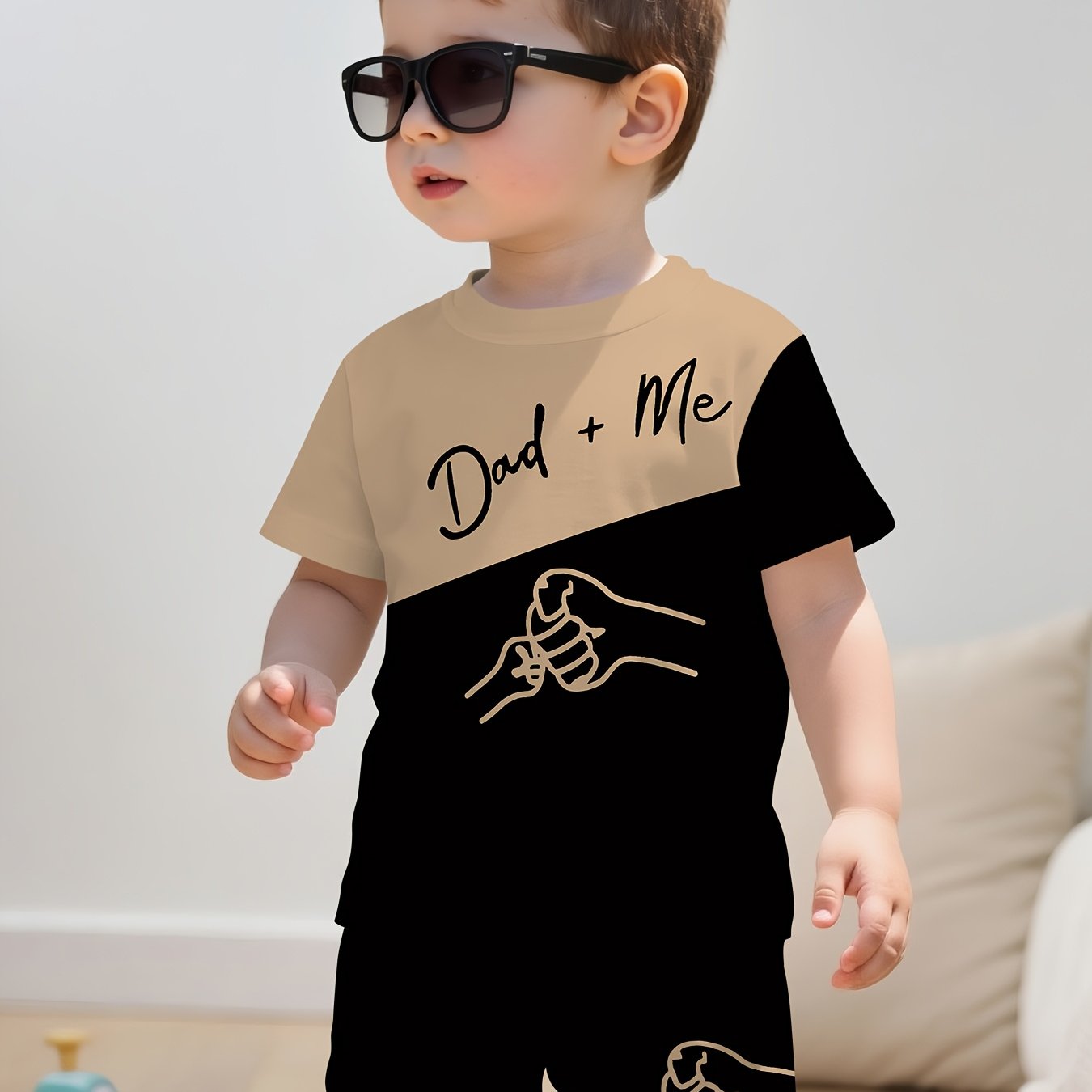 TEMU Zestaw 2 szt.: Kolekcja Letnia, Casualowy Sportowy Stylowy z Nadrukiem Uderzenia Pięścią Ojca i Syna w Kolorach Khaki i Czarnym, Okrągły Dekolt,