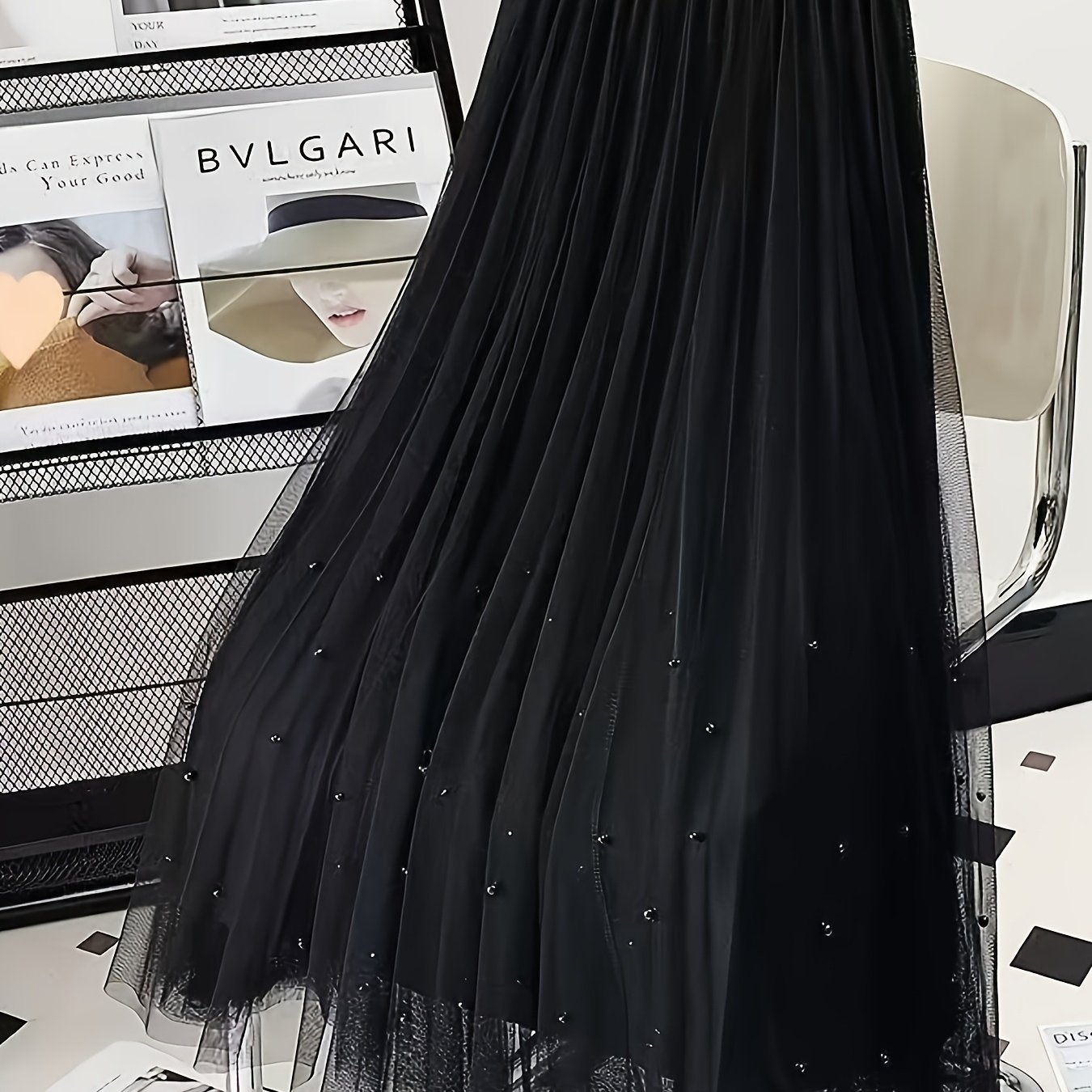 TEMU Elegancka plisowana spódnica z siateczki Rozszerzany dół, regularny krój, perłowe detale, jednolity