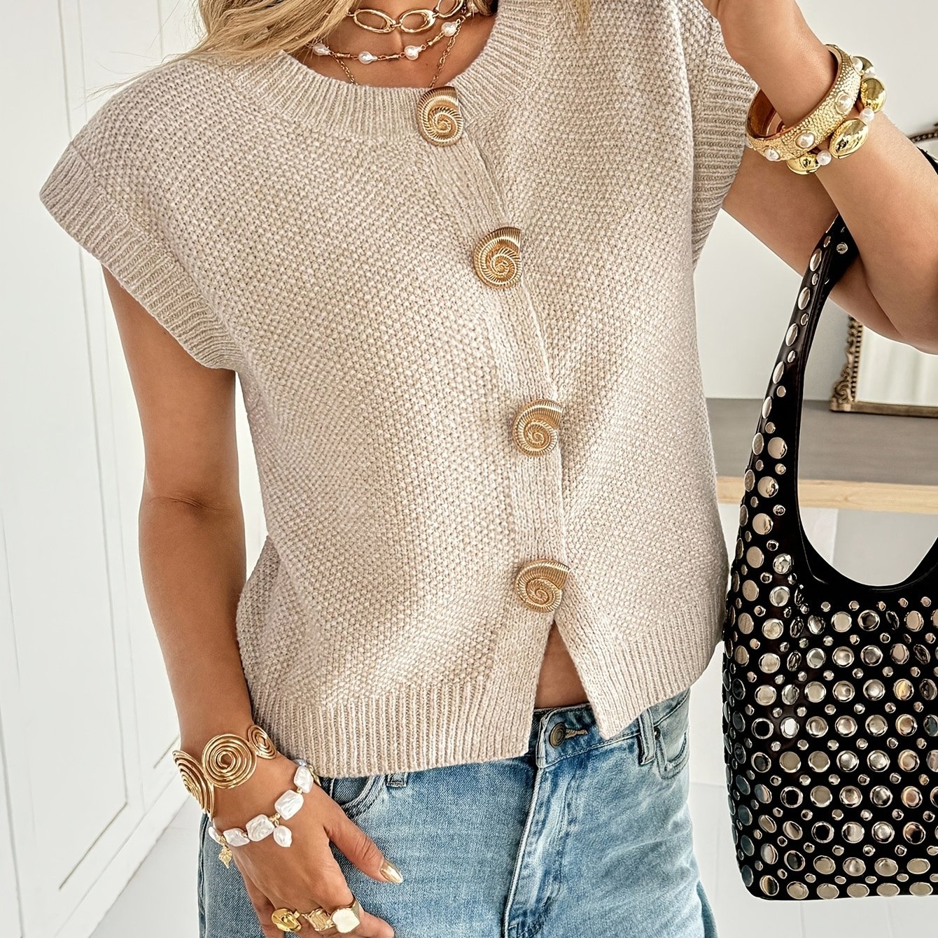 TEMU Damski Casualowy Kardigan z Metalową Klamrą, Okrągły Dekolt, Batwing Rękawy, Modny Nowy Styl, Kurtka na Guziki, Wiosna Jesień