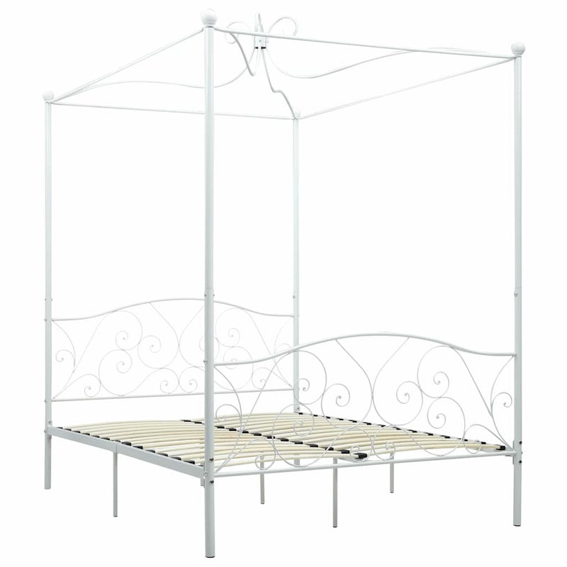 Łóżko Metalowe Białe z Baldachimem Rama Łóżka Ze Stelażem Do Pokoju 140 x 200 cm