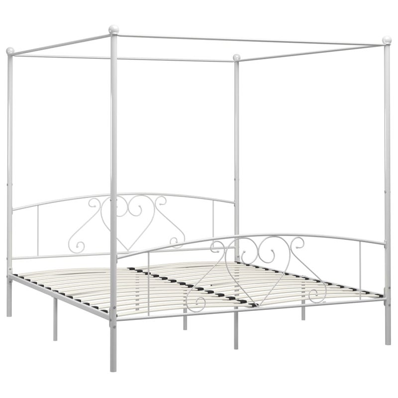 Łóżko Metalowe Białe z Baldachimem Rama Łóżka Ze Stelażem Do Pokoju 180 x 200 cm