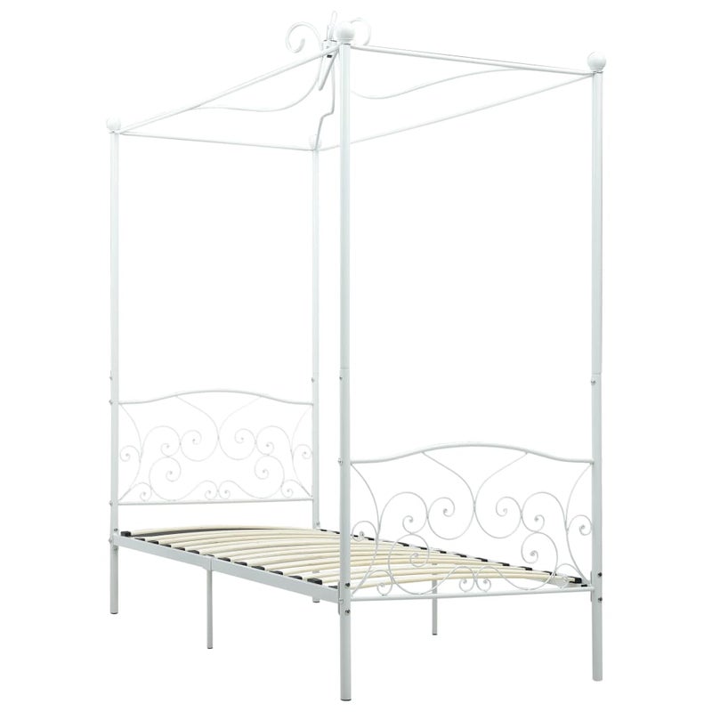 Łóżko Metalowe Białe z Baldachimem Rama Łóżka Ze Stelażem Do Pokoju 90 x 200 cm